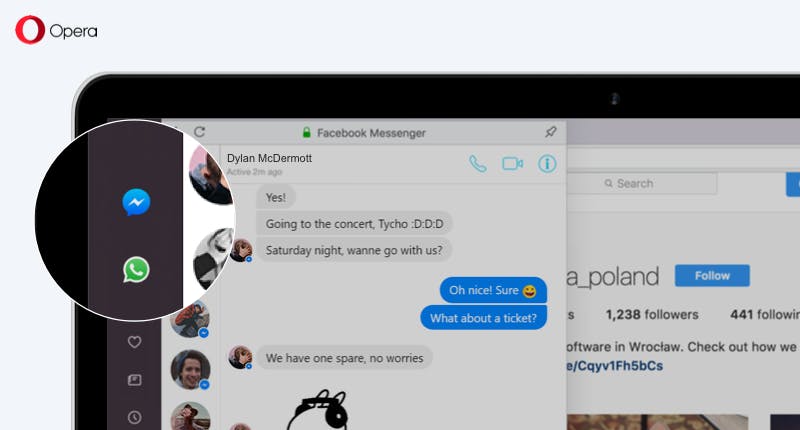 Opera browser : facebook messenger and whats app
