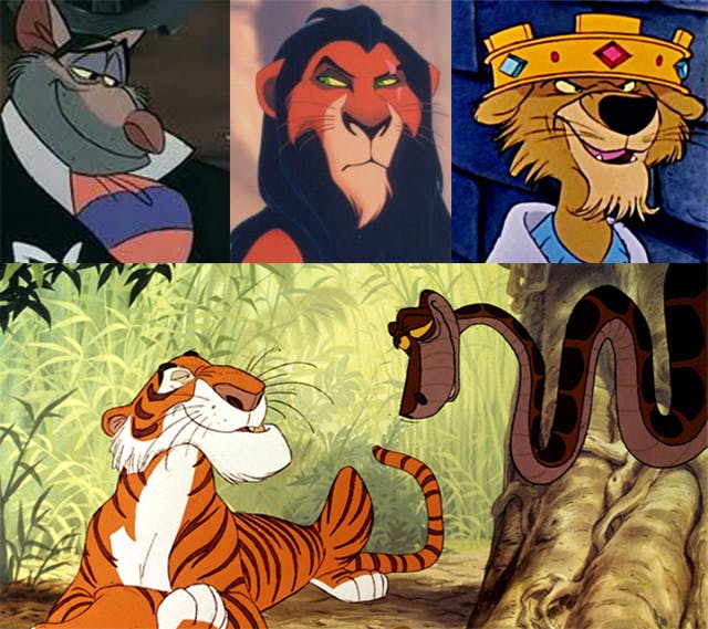 A comparison of Ratigan (Great Mouse Detective), Scar (Lion King), and Prince John (Robin Hood) above a still from the Jungle Book showing Shere Khan and Kaa (tiger and snake) in conversation. The images illustrate the shared physical characteristics between the characters--arched eyebrows, high "cheeks," and long snouts.