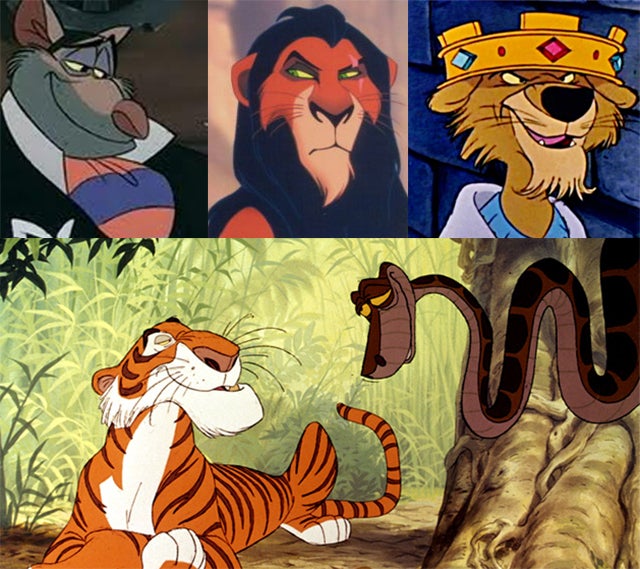 A comparison of Ratigan (Great Mouse Detective), Scar (Lion King), and Prince John (Robin Hood) above a still from the Jungle Book showing Shere Khan and Kaa (tiger and snake) in conversation. The images illustrate the shared physical characteristics between the characters--arched eyebrows, high "cheeks," and long snouts.