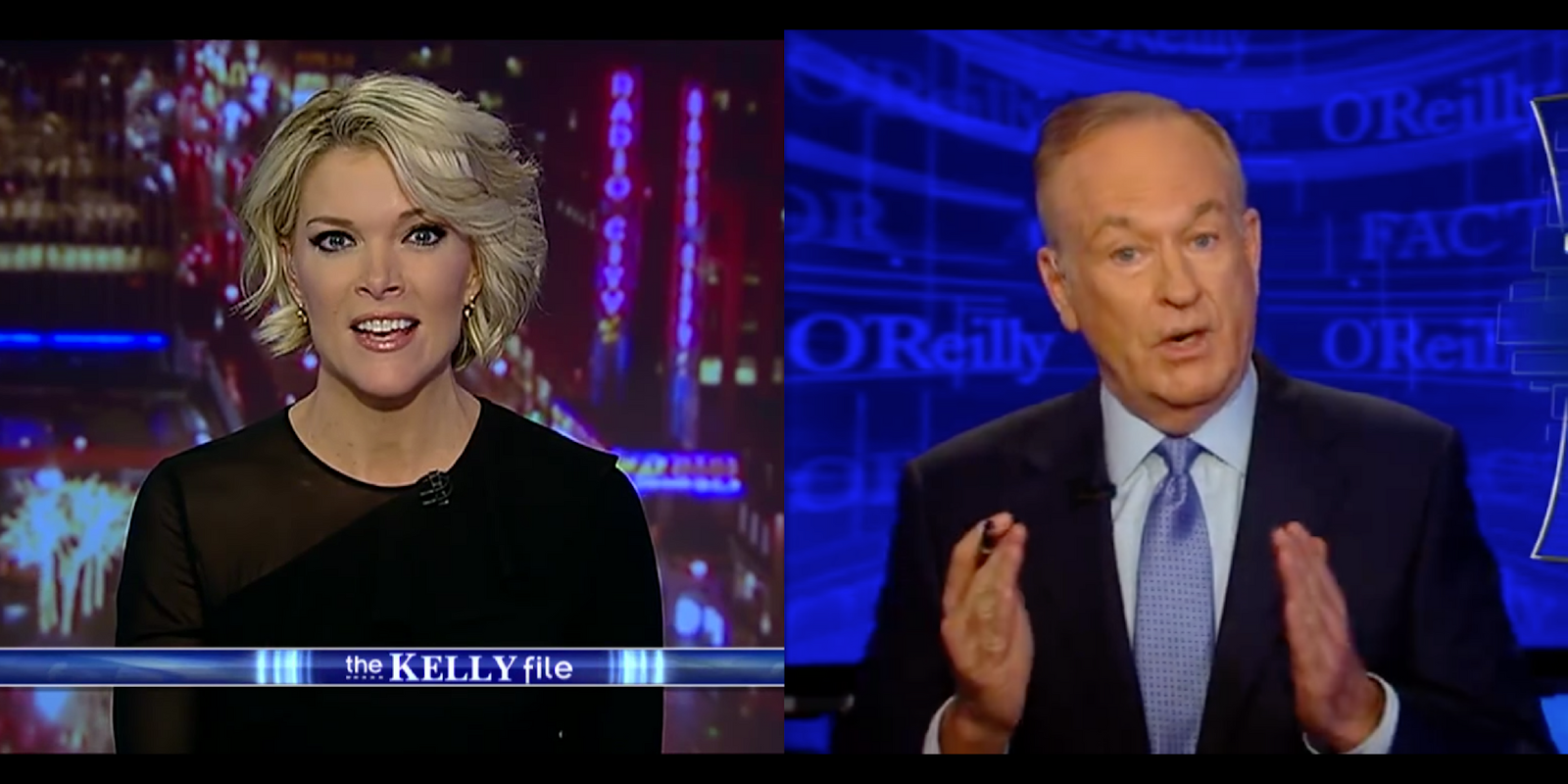 Video stills of Megyn Kelly and Bill O'Reilly