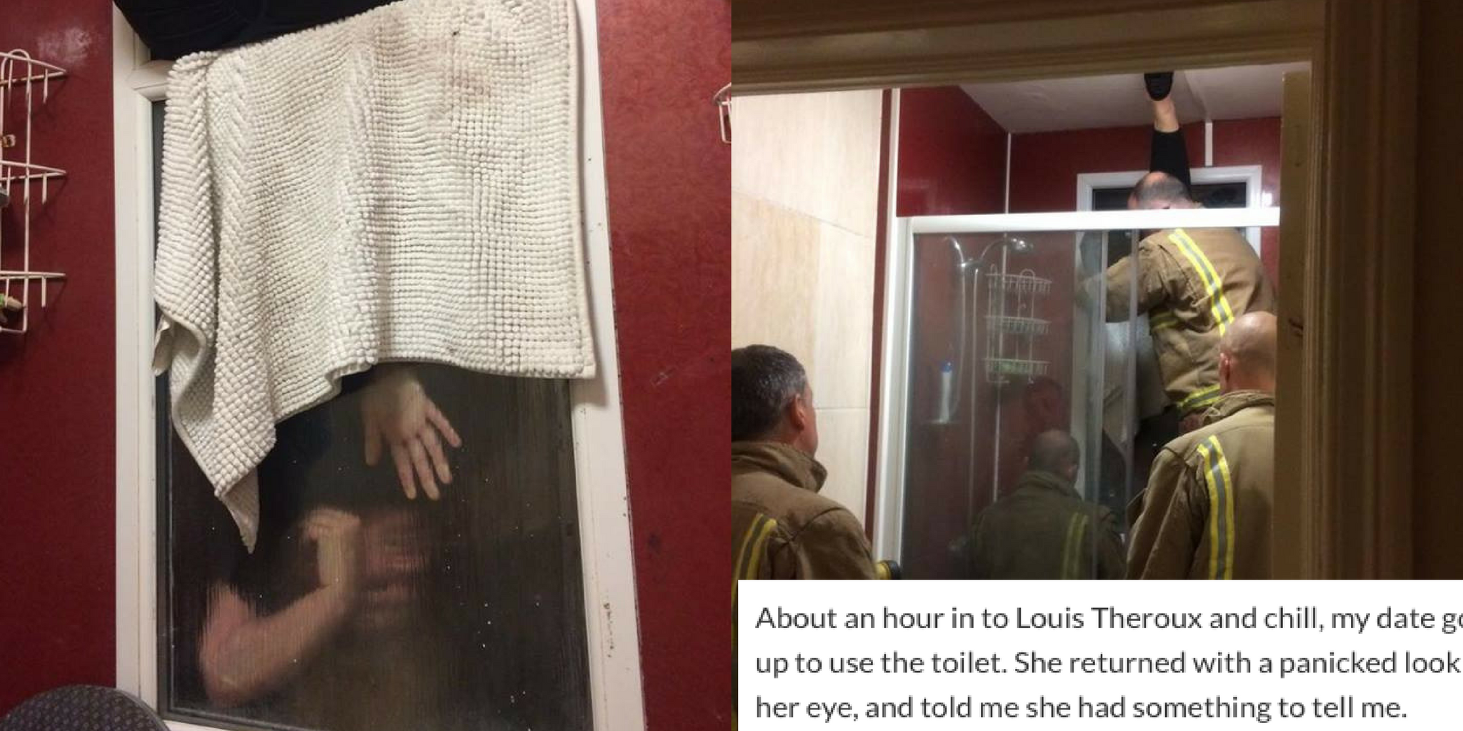 A firefighter crew rescues Liam Smyth's Tinder date from two windows she became trapped between while retrieving a poop she tried to throw away.