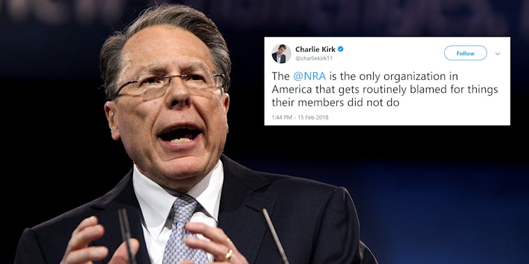 Wayne LaPierre with Charlie Kirk tweet that reads 'The @NRA is the only organization in America that gets routinely blamed for things their members did not do'