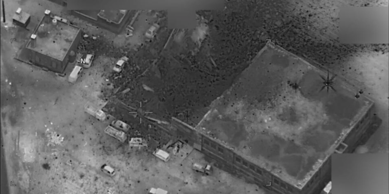U.S. Pentagon aerial photo shows the aftermath of the March 16 attack near western Aleppo, Syria.