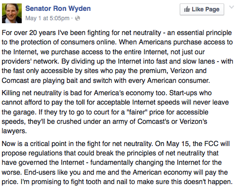 Ron Wyden net neutrality Facebook post