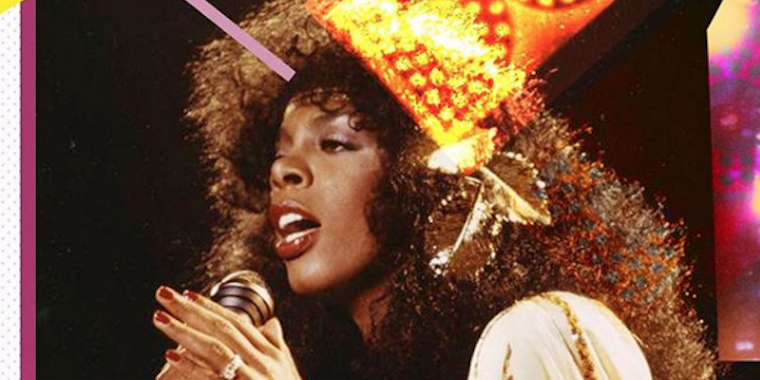 Donna Summer holding a microphone and singing