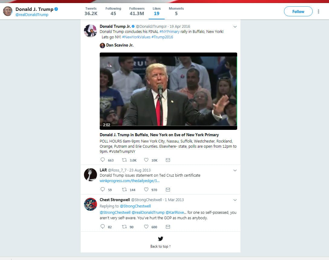 Donald Trump's first like on Twitter was of someone calling him 'self-possessed'
