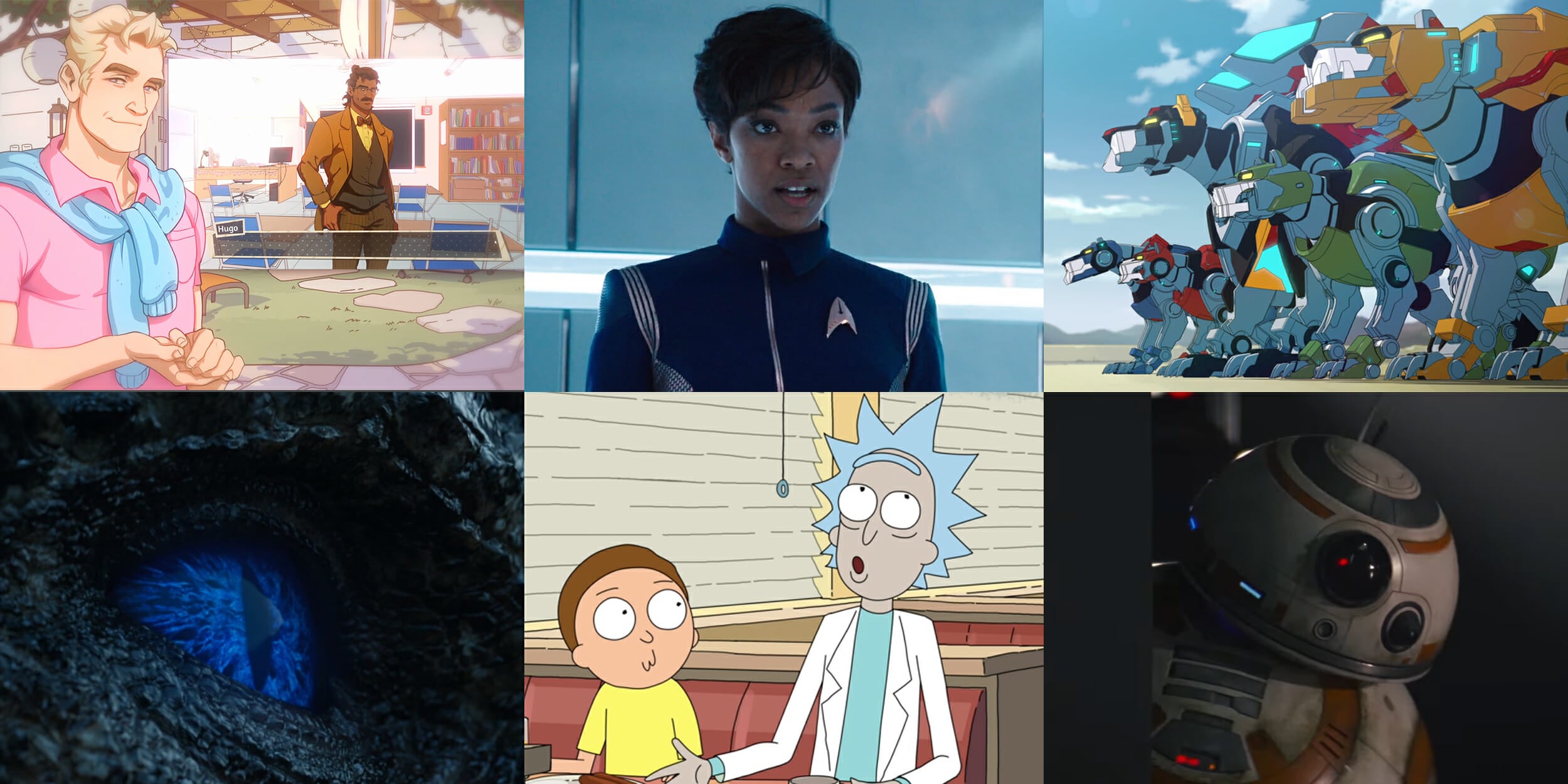 Dream Daddy, Star Trek: Discovery, Voltron, Game of Thrones, Rick and Morty, and BB-8 from Star Wars