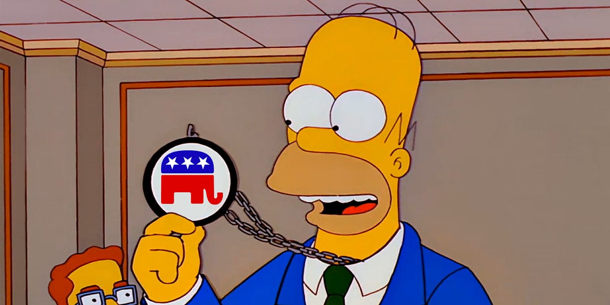 Homer Simpson holding a GOP logo medallion