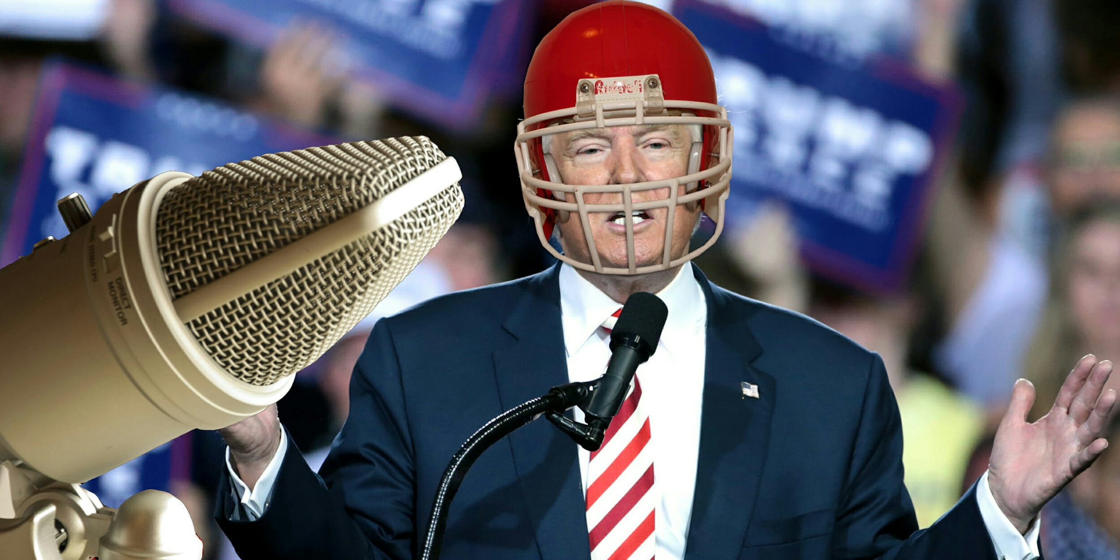 Donald Trump with a football helmet on.