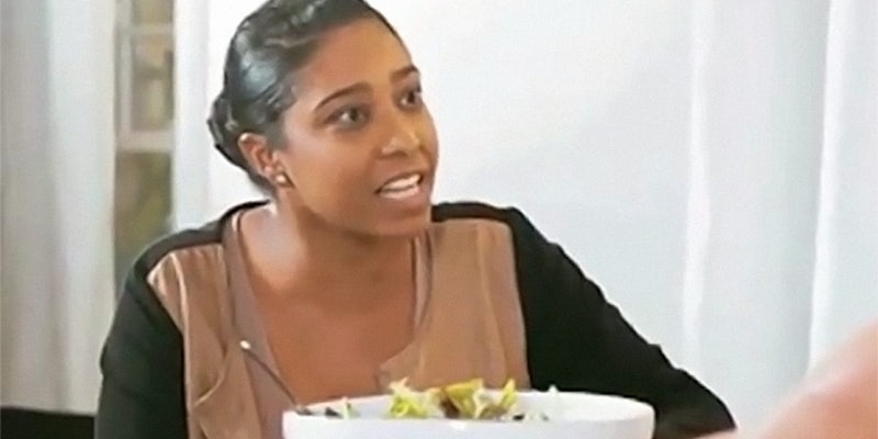 Woman saying, 'Are you serious? Right in front of my salad?'