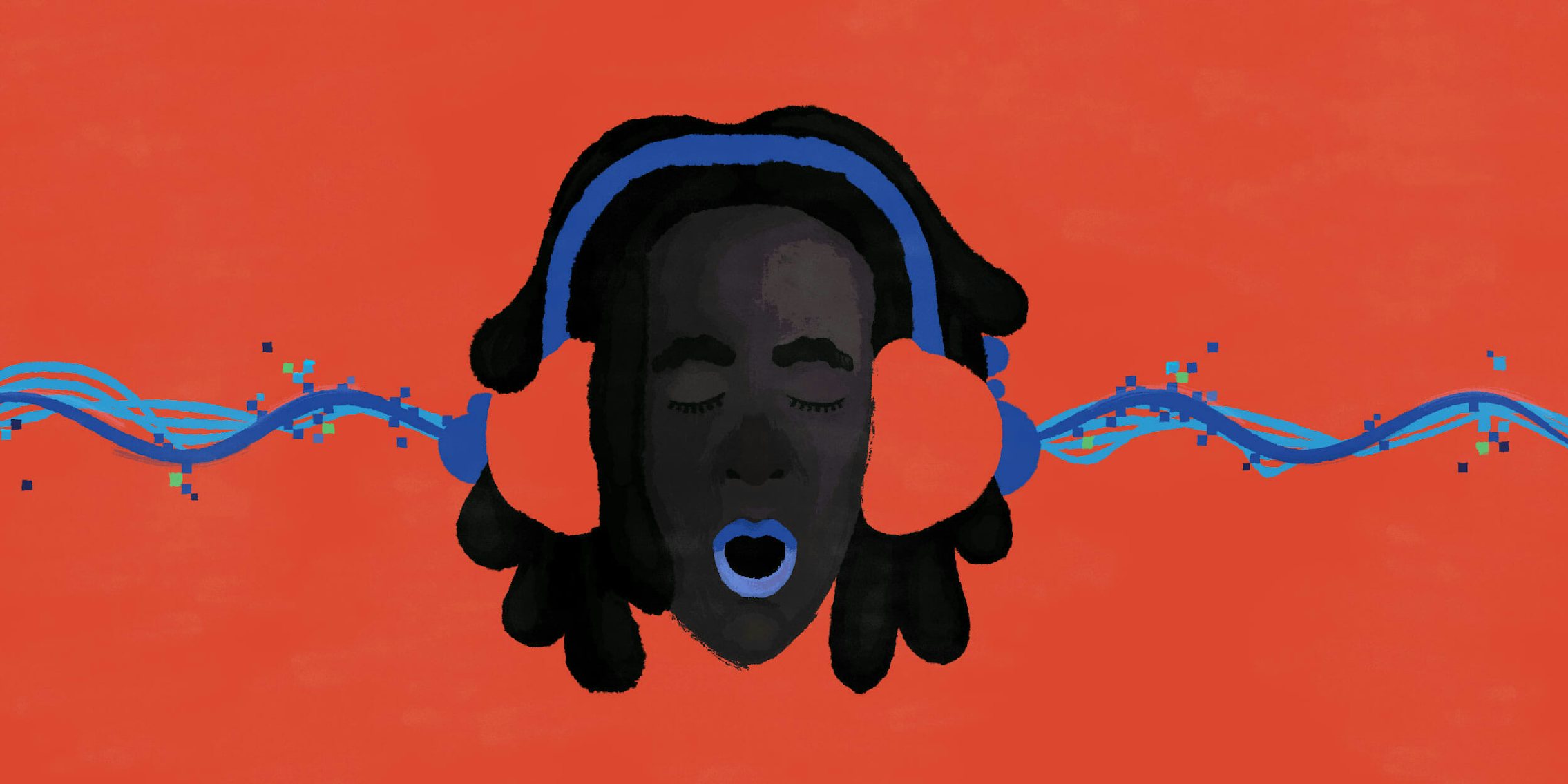 Illustration of a person wearing headphones and listening to music.