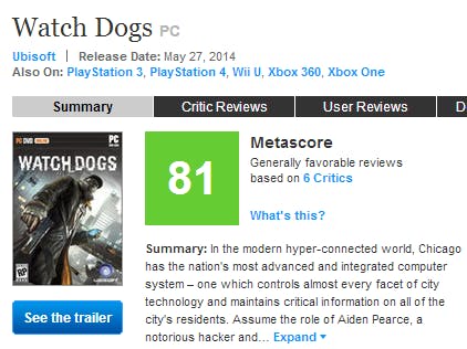 A screenshot of the Xbox One Metascore on May 27, 2014, which is 81