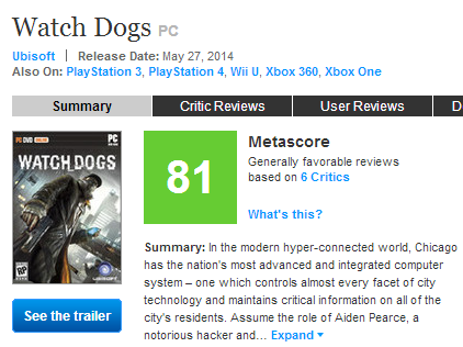 A screenshot of the Xbox One Metascore on May 27, 2014, which is 81