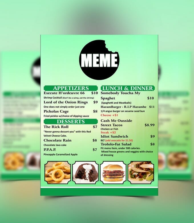 The menu for the Meme Restaurant.