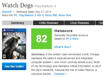 A screenshot of the Xbox One Metascore on May 27, 2014, which is 82