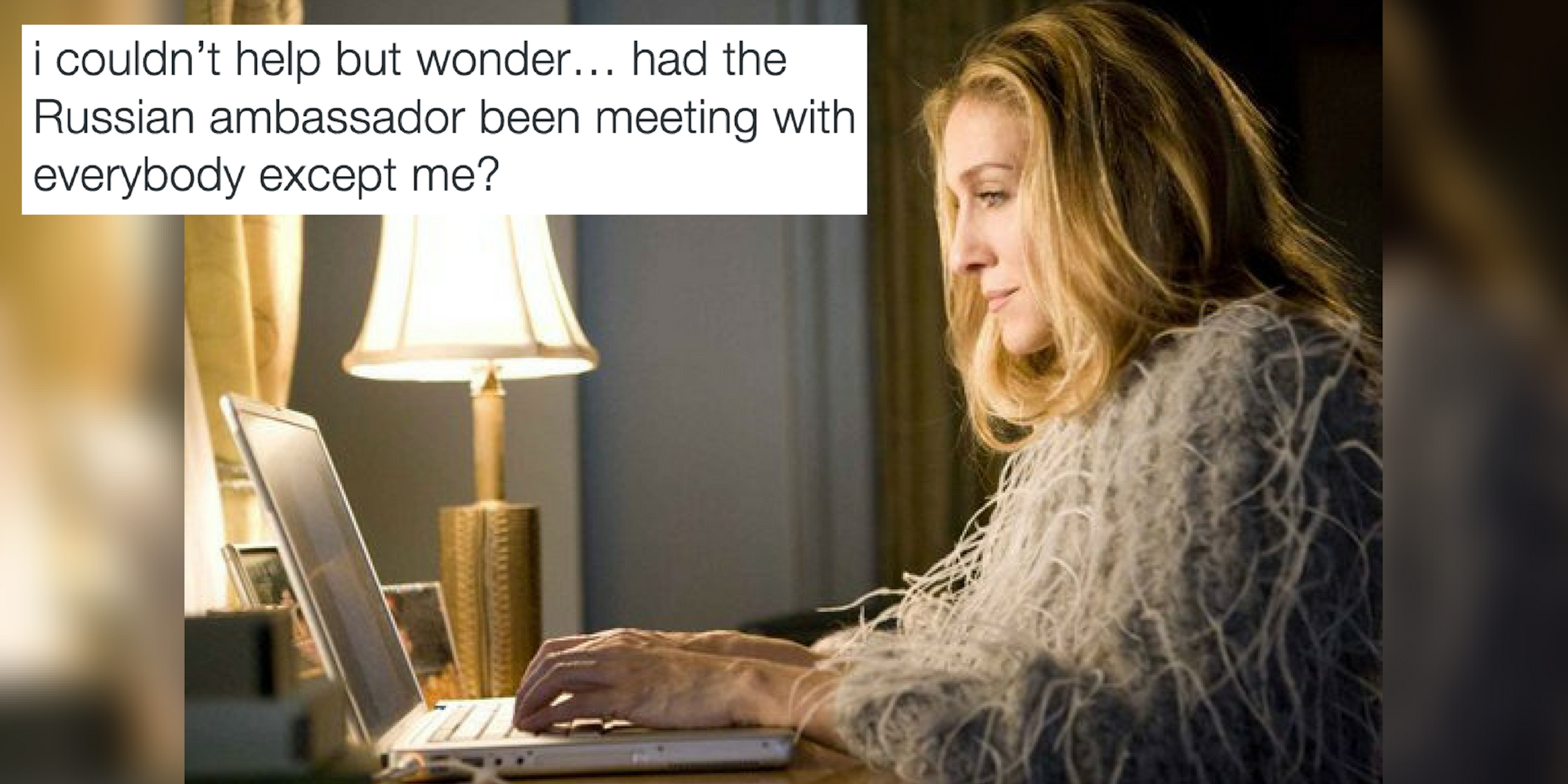 An image of Sarah Jessica Parker's 'Sex and the City' character Carrie Bradshaw with a tweet about the Russian ambassador.