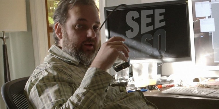 Dan Harmon with a See So logo on his monitor