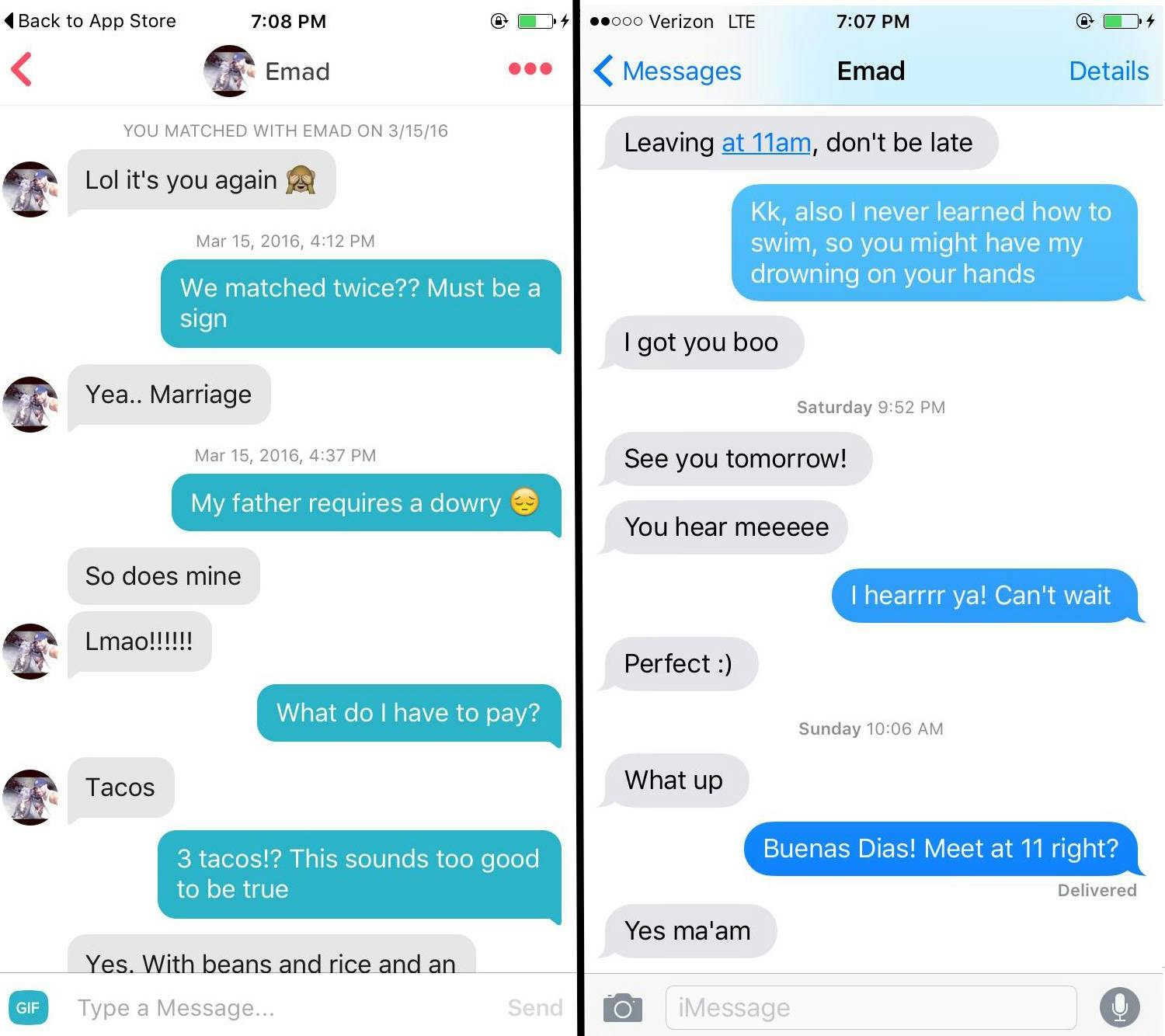 On the left are their original conversations on Tinder, the right their texts leading up to the boat setting sail on Lake Michigan.