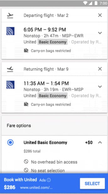 Google flights hidden airline fees, Android app