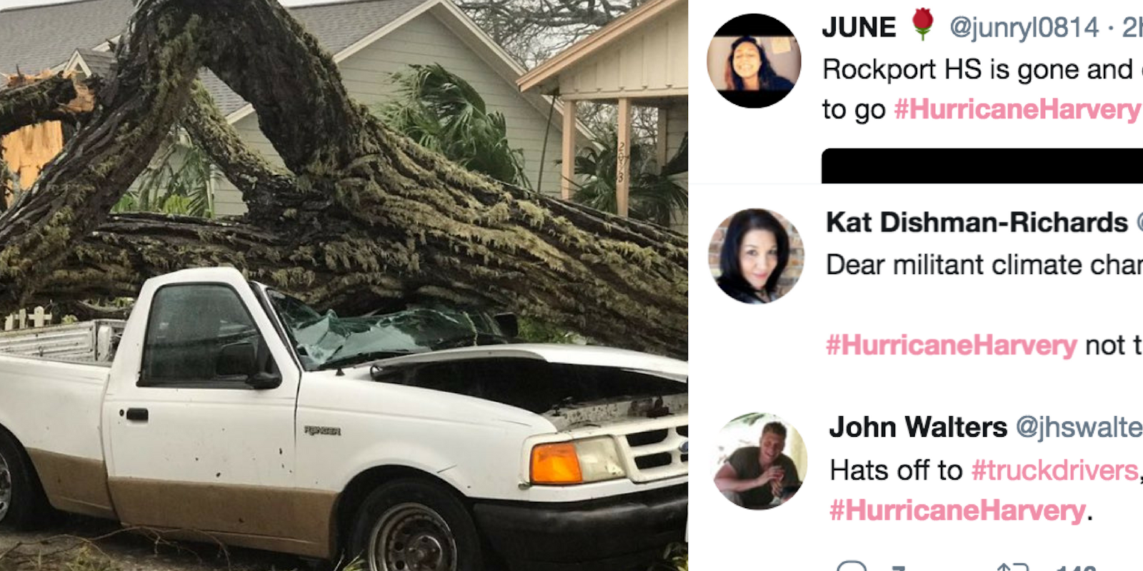 An image from Hurricane Harvey next to tweets using a misspelled hashtag of 'Hurricane Harvery'