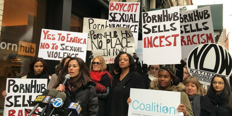 Protesters, including Gloria Steinem, rally against PornHub's popup store in SoHo, New York.