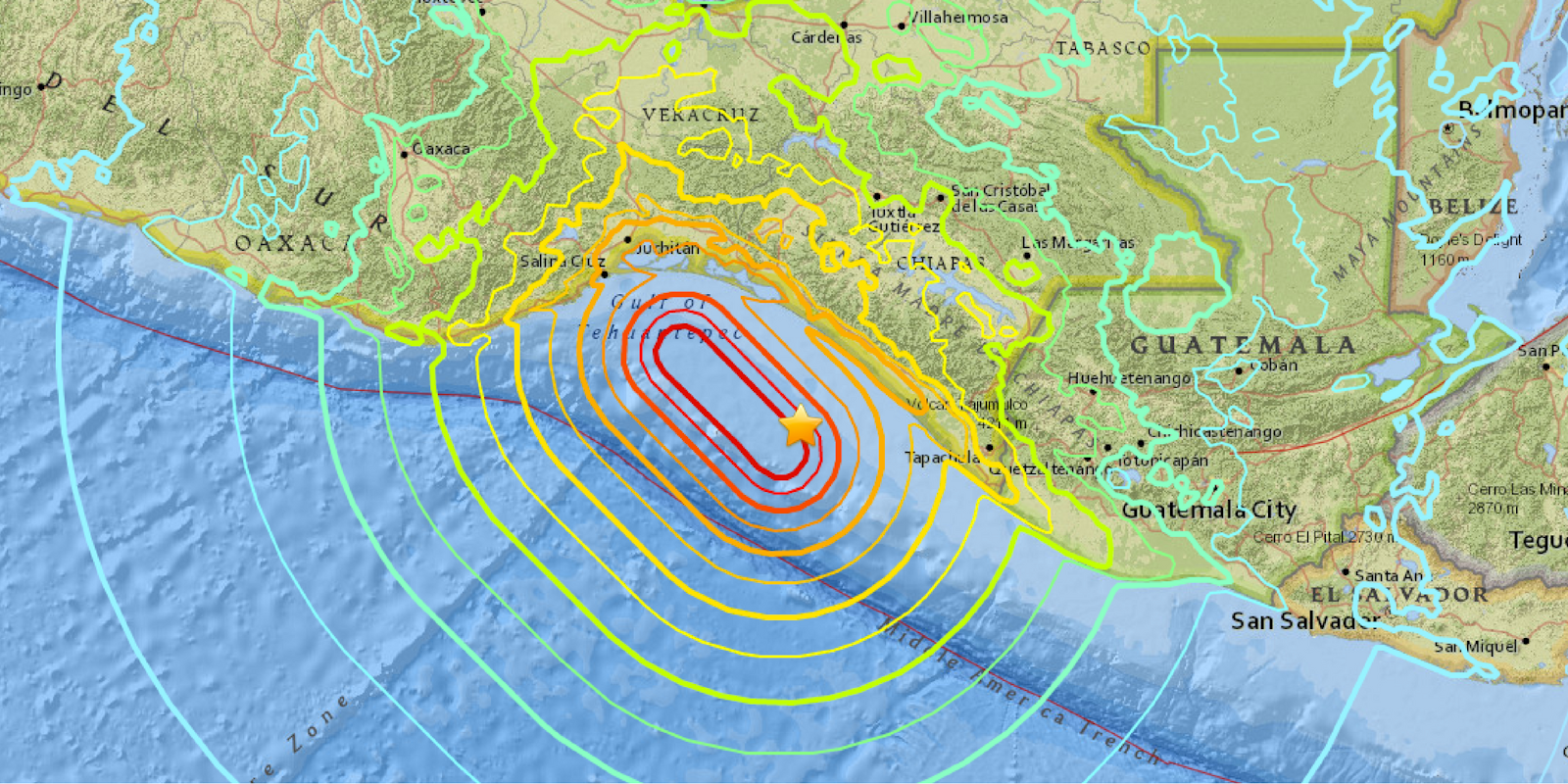A map of the magnitude 8.1 earthquake off the southern coast of Mexico.