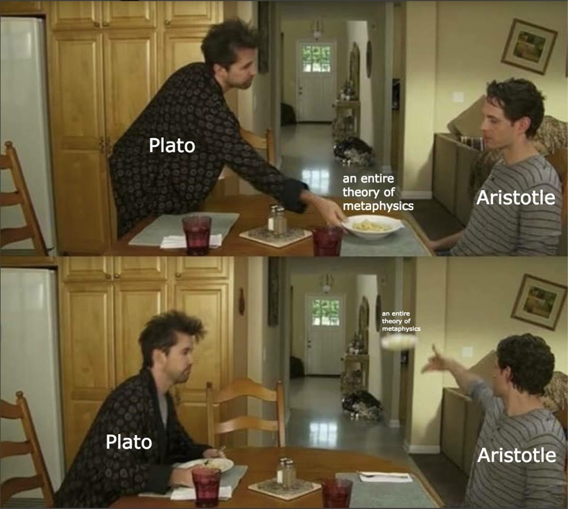 plato aristotle always sunny food throwing meme