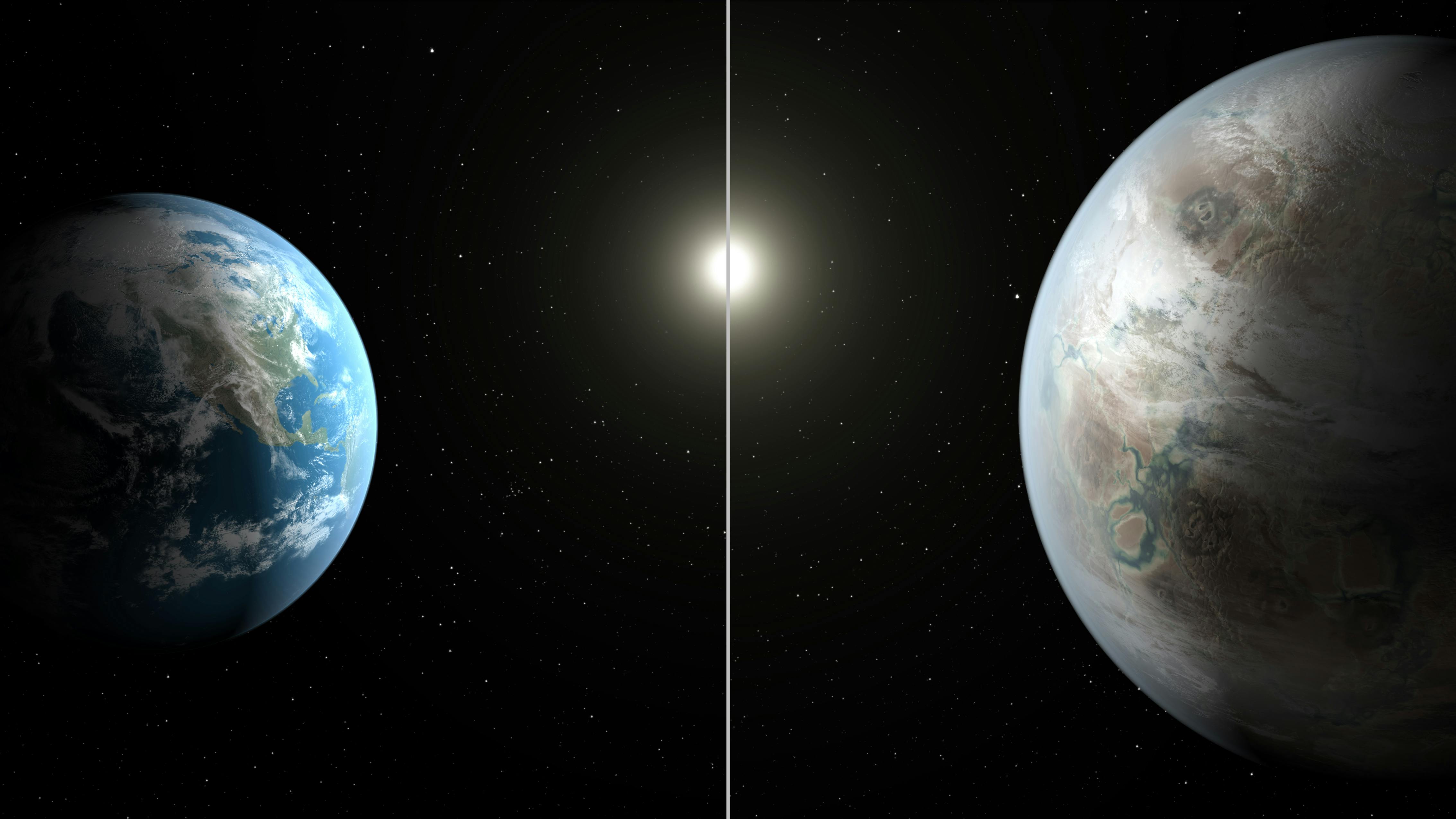 Artist's rendering of Kepler-452b and its star compared to Earth and our sun