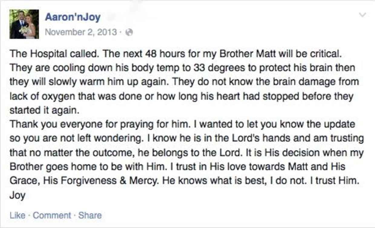 A Facebook update on a critically ill family member