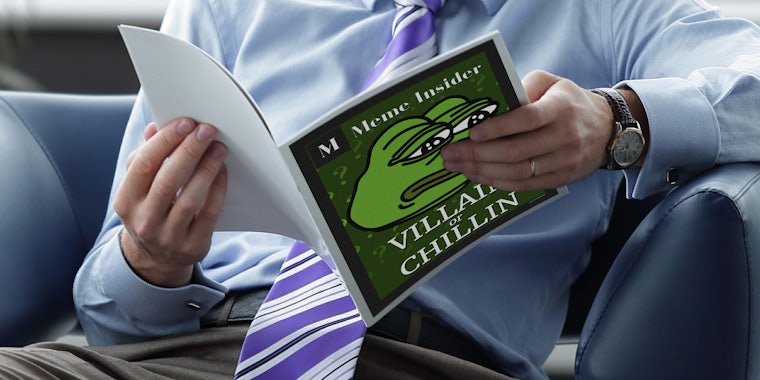 Man in suit reading Meme Insider magazine with Pepe on the cover