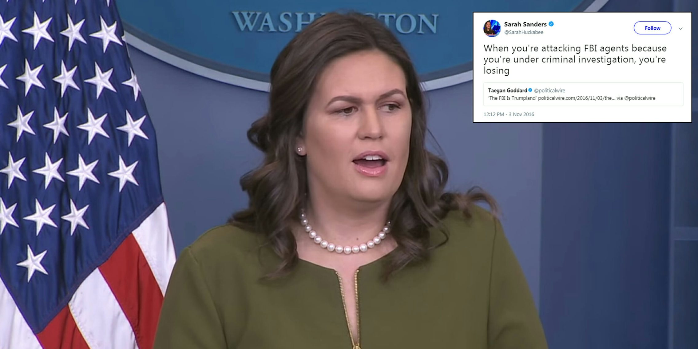 A tweet from Sarah Huckabee Sanders last year has a bit of a different meaning after President Donald Trump blasted the FBI on Twitter over the weekend.
