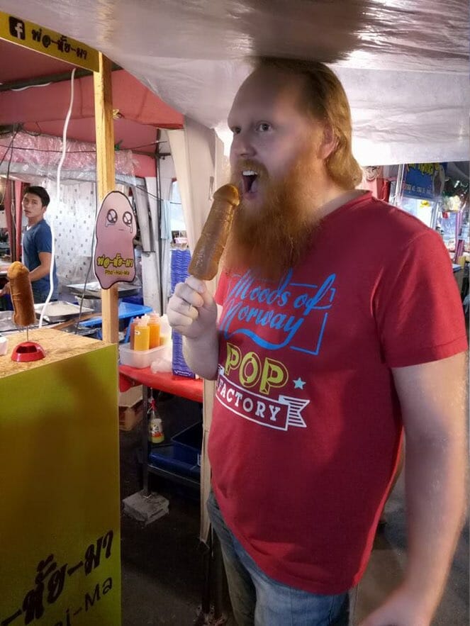 man enjoying penis shaped waffle