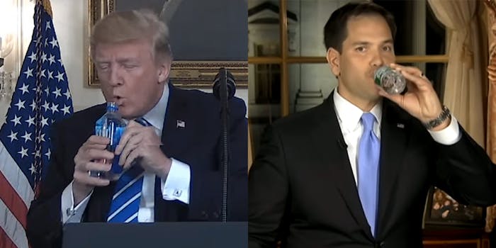 Donald Trump and Marco Rubio drinking water bottles