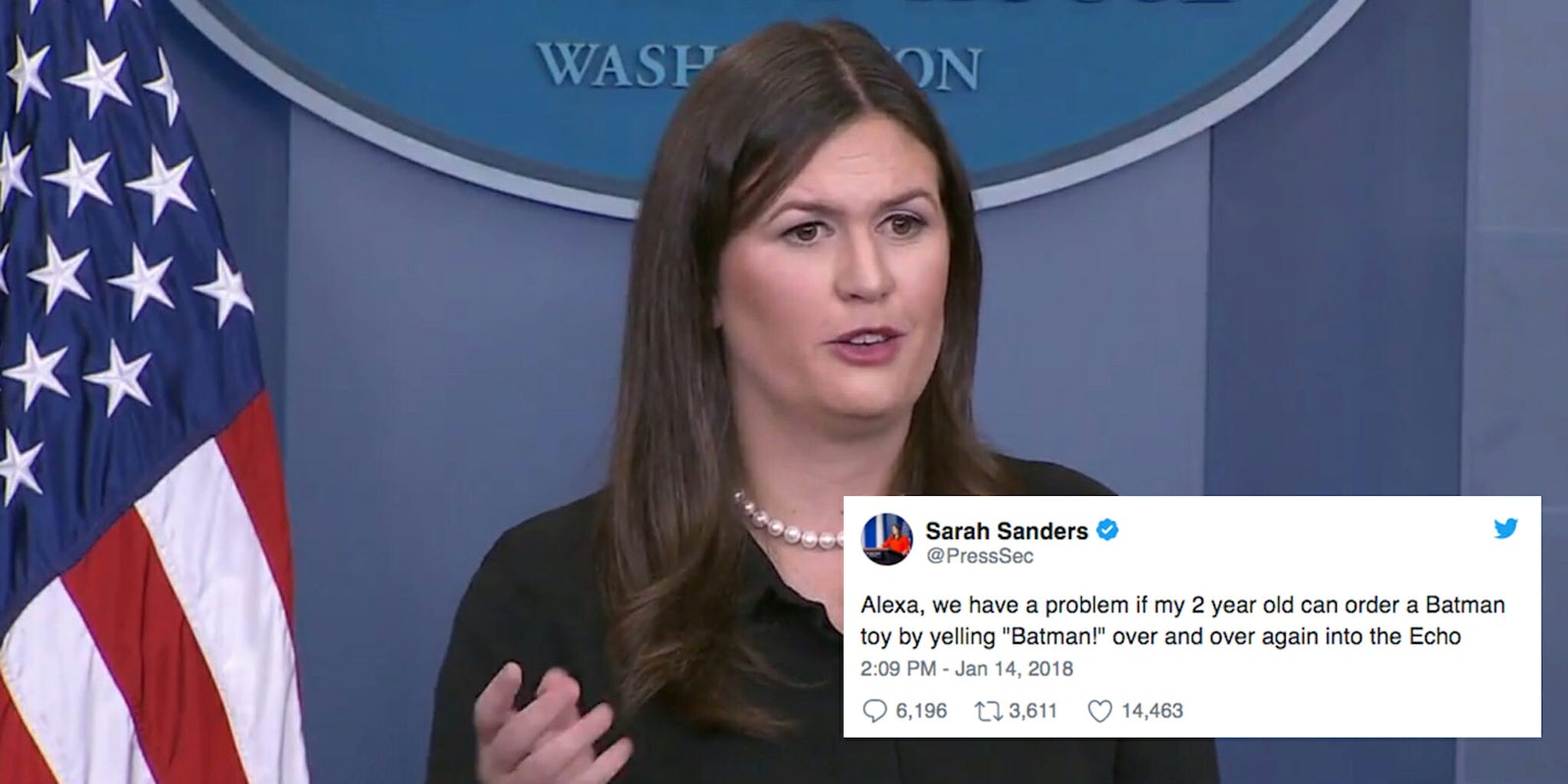 Sarah Huckabee Sanders came under fire Sunday for using her official Twitter account to tweet about her Amazon Echo.