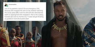 Tumblr post about a girl snapping the wire on her braces and Michael B Jordan as Killmonger in Black Panther