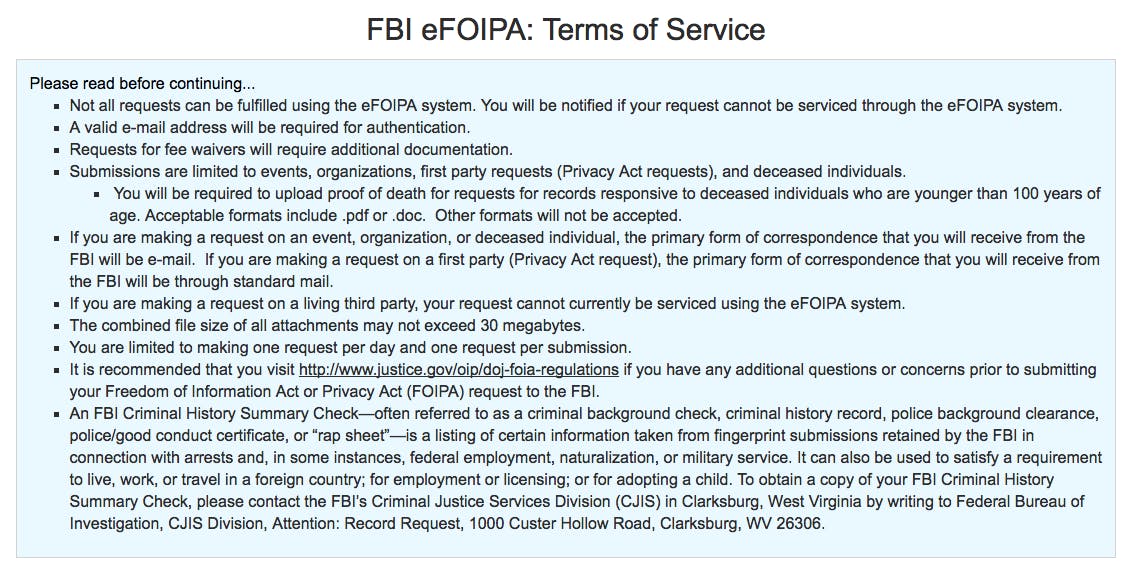 FBI's terms of service for submitting FOIA requests through its online portal