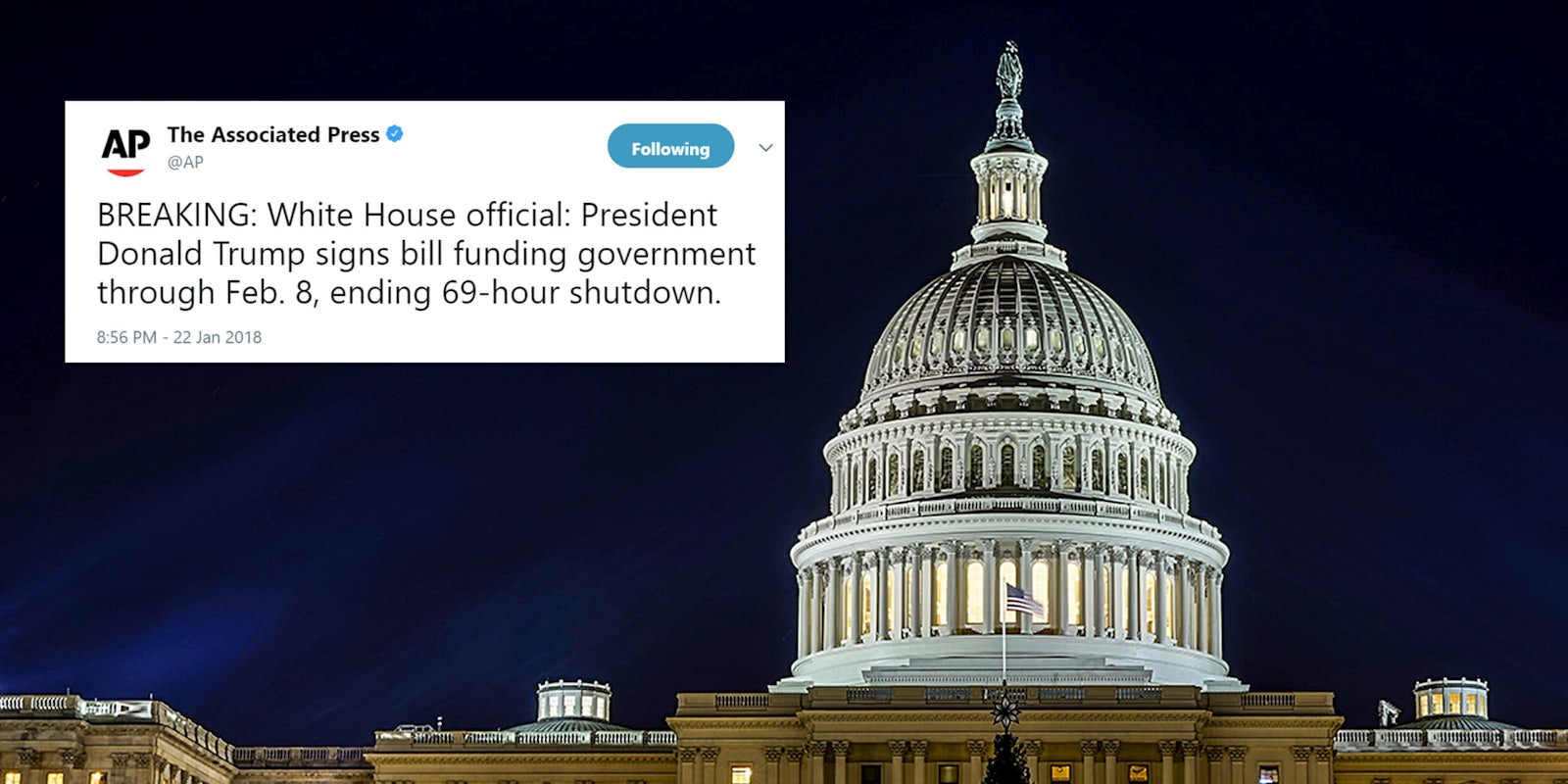 AP tweet announcing end of 69-hour government shutdown over US Capitol building - government shutdown 69 hours nice meme