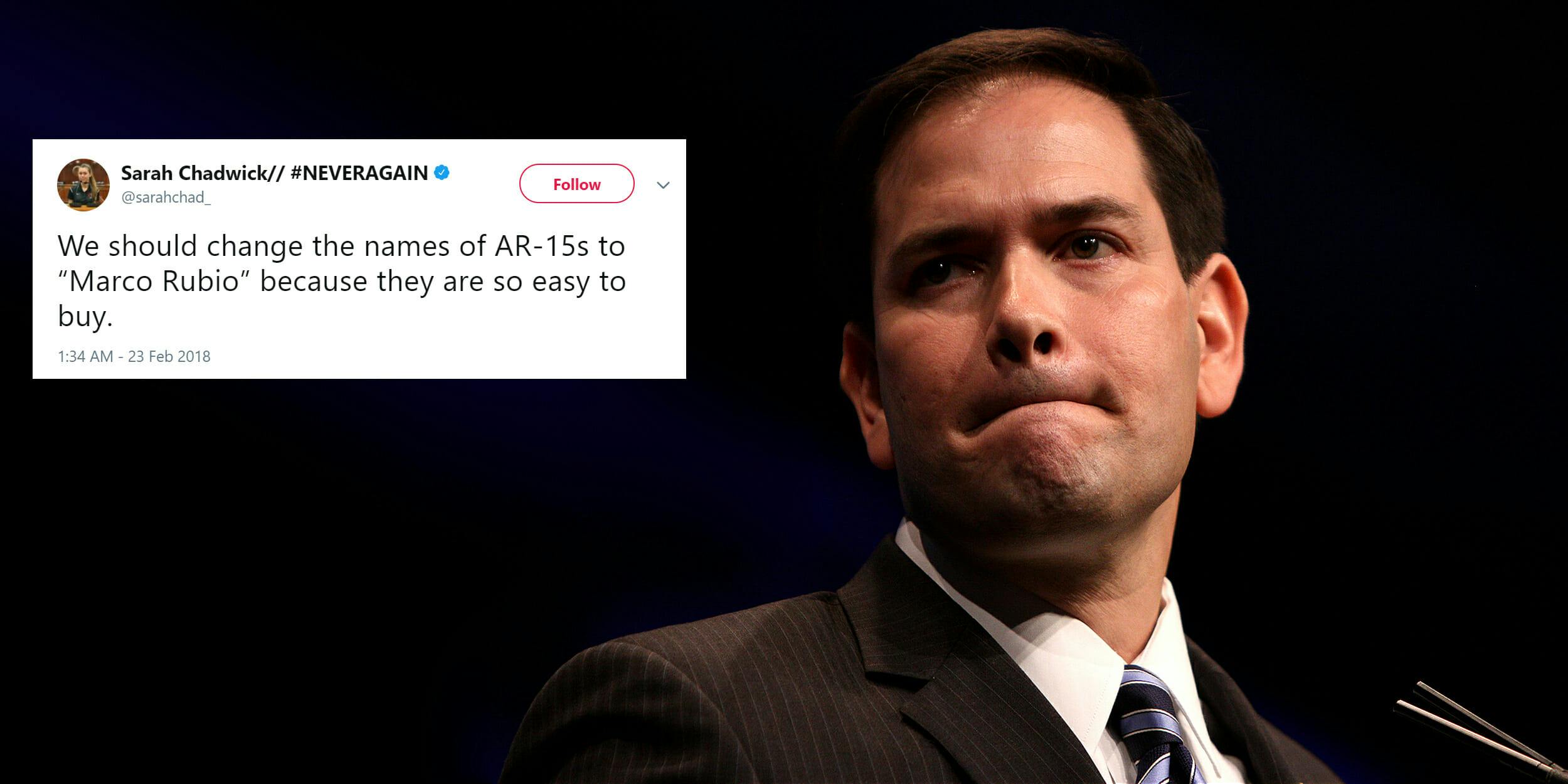 Marco Rubio with "We should change the names of AR-15s to 'Marco Rubio' becaues they are so easy to buy" tweet