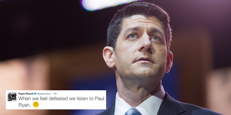 Paul Ryan speaks at the Conservative Political Action Conference in 2014, with a tweet from Papa Roach making fun of Ryan superimposed on the image.