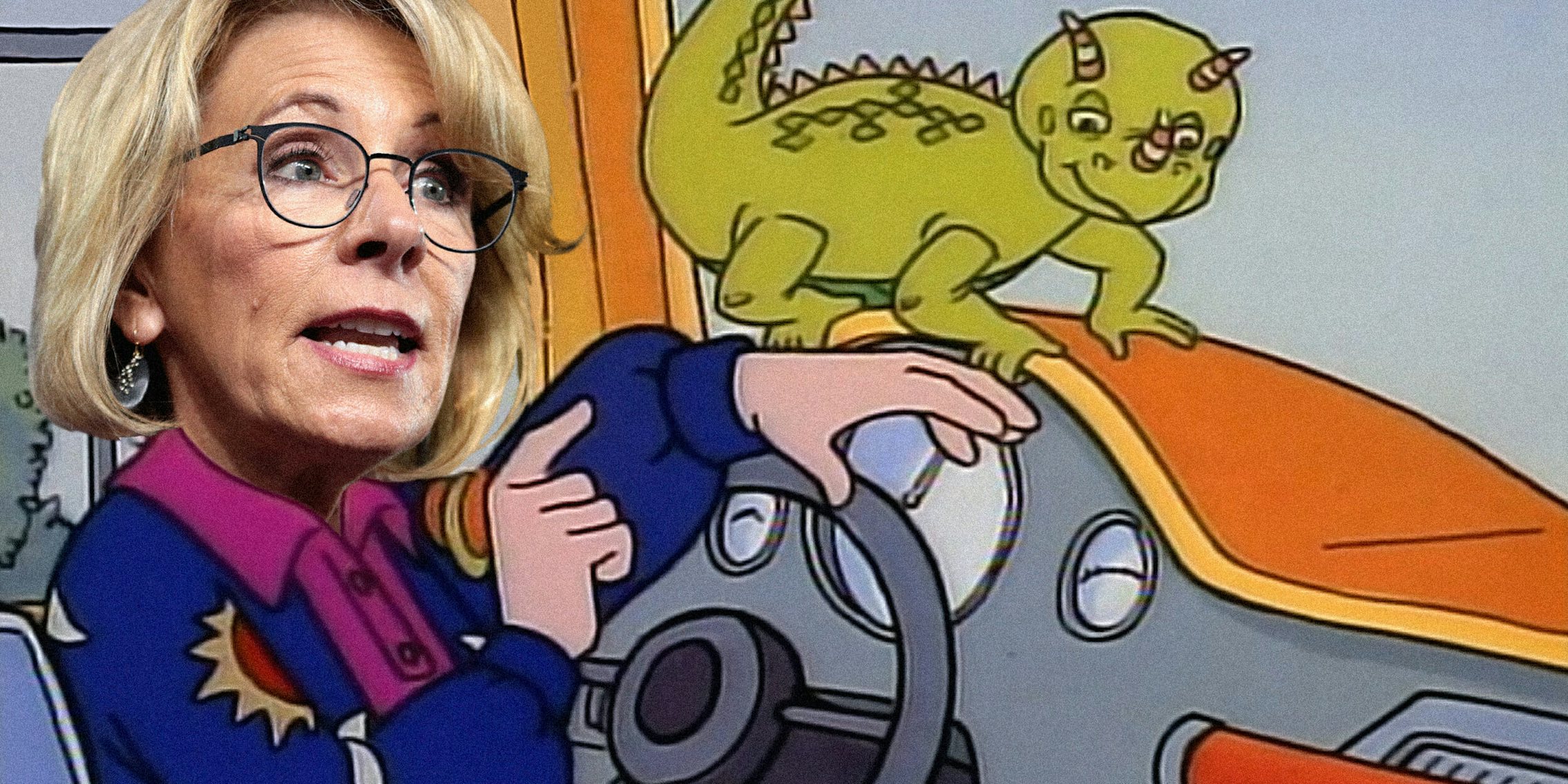 Betsy DeVos at the wheel of the Magic School Bus