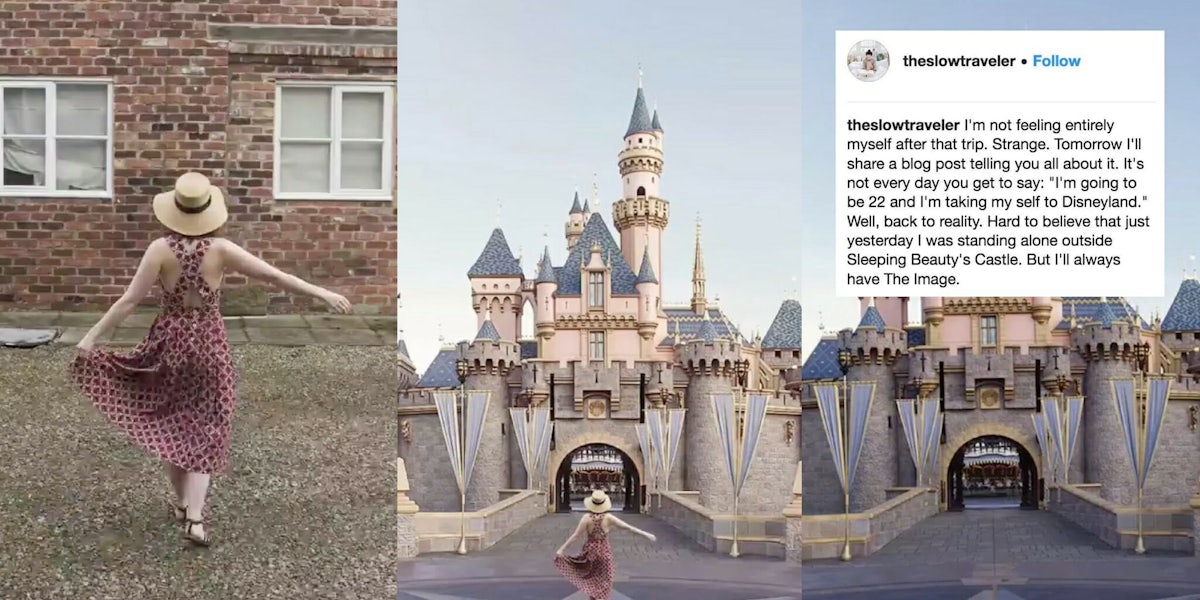 Carolyn Stritch standing outside of a Disneyland castle and the separate photos of her and the castle to show how she went on a 'fake' trip.