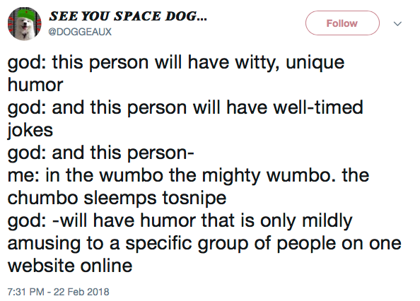 god: this person will have witty, unique humor god: and this person will have well-timed jokes god: and this person- me: in the wumbo the mighty wumbo. the chumbo sleemps tosnipe god: -will have humor that is only mildly amusing to a specific group of people on one website online