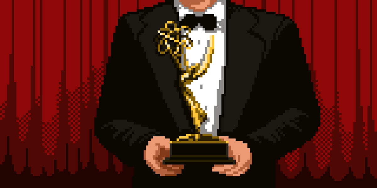 8-bit person holding Emmy award