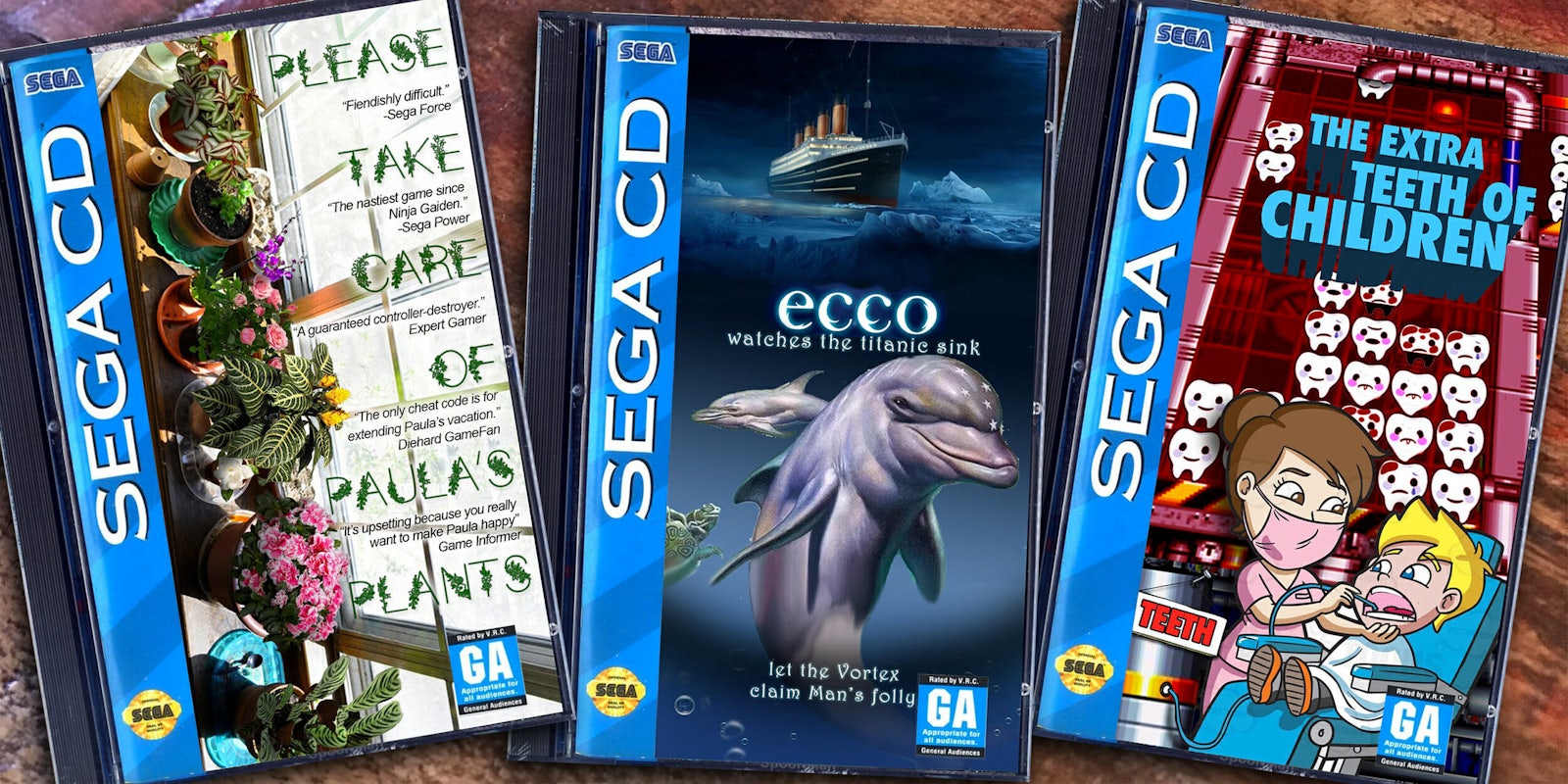 fake Sega CD games 'Please Take Care of Paula's Plants', 'ecco Watches the Titanic Sink', and 'The Extra Teeth of Children'