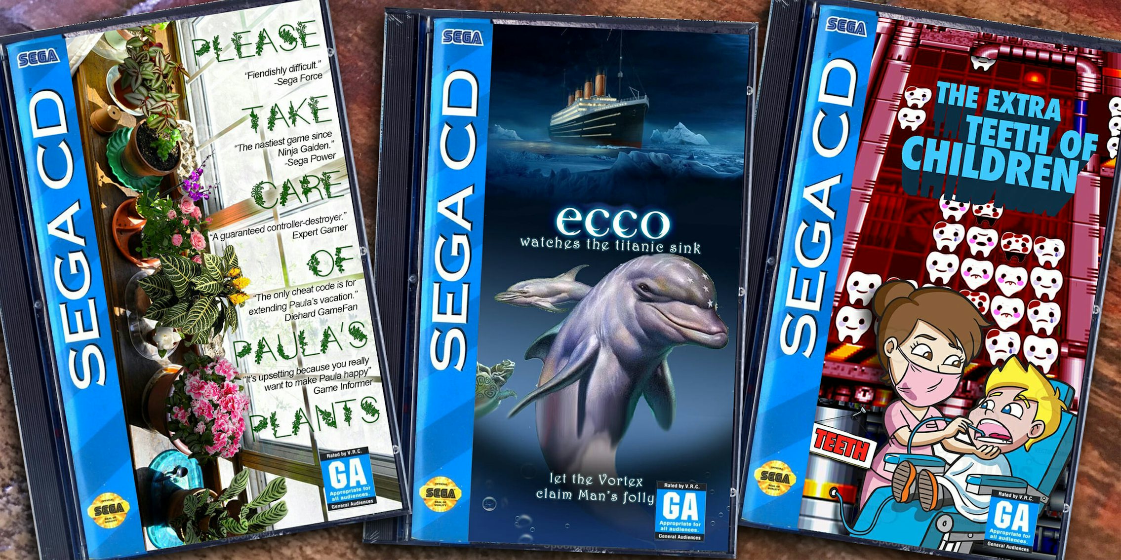 fake Sega CD games 'Please Take Care of Paula's Plants', 'ecco Watches the Titanic Sink', and 'The Extra Teeth of Children'