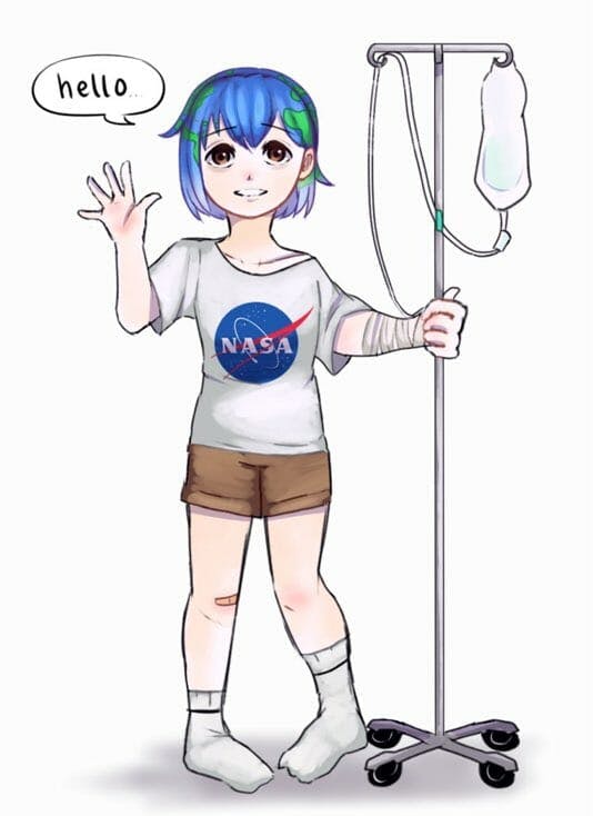 earth chan with iv bag and nasa shirt