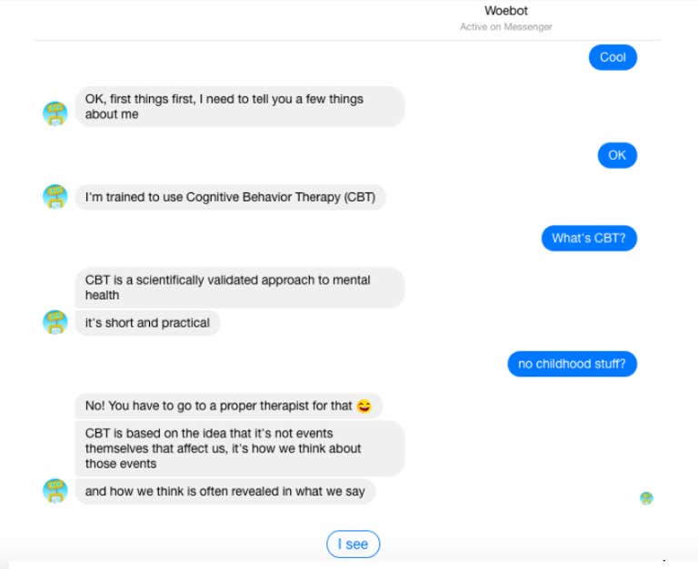 Woebot chat therapy