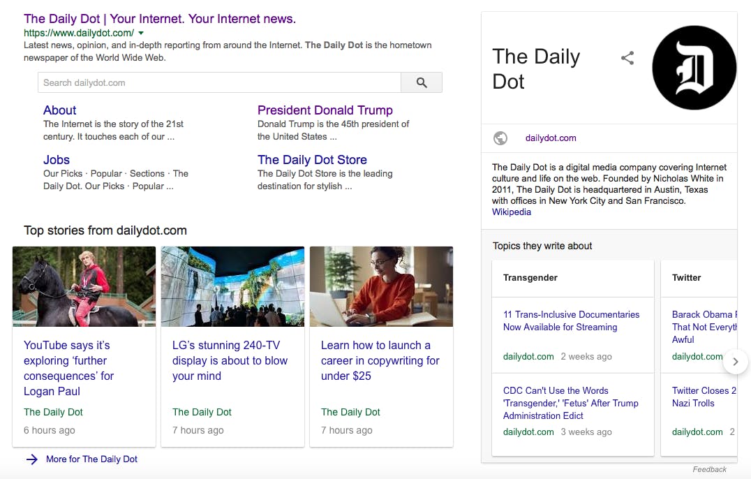 Screengrab of a Google search for The Daily Dot