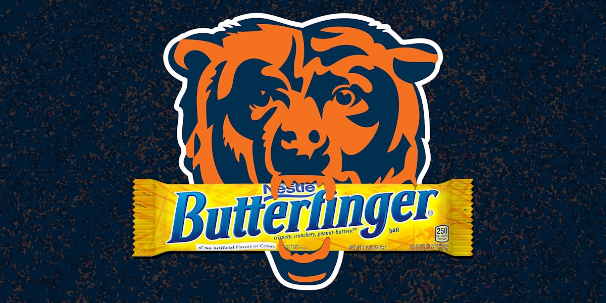 Chicago Bears logo holding Butterfinger bar in its mouth