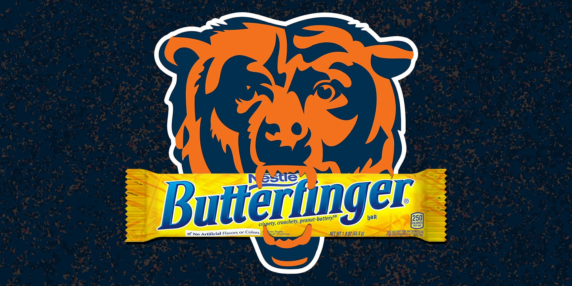 Chicago Bears logo holding Butterfinger bar in its mouth